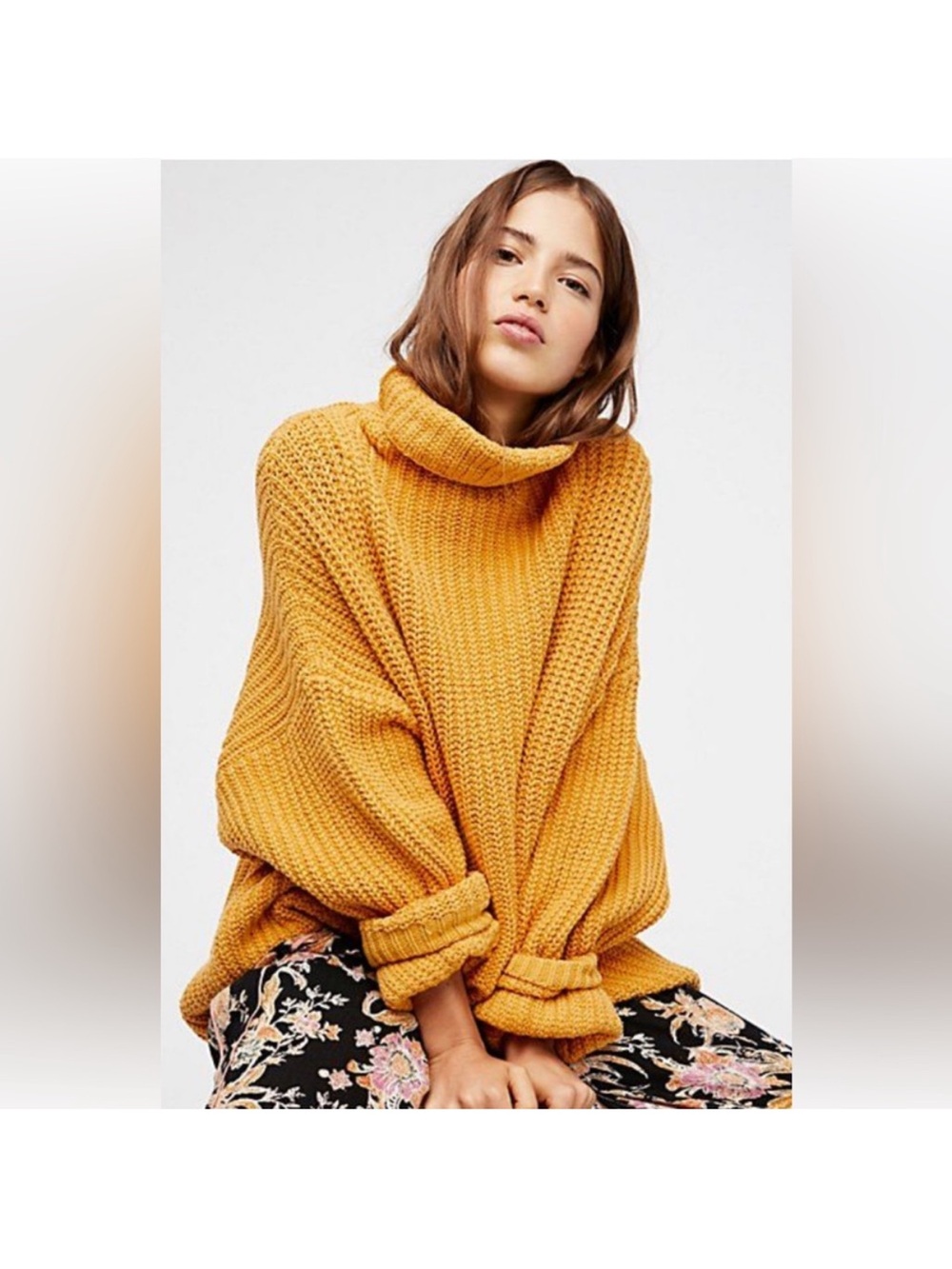 Free People Swim Too Deep Chunky Yellow Oversized Turtleneck
